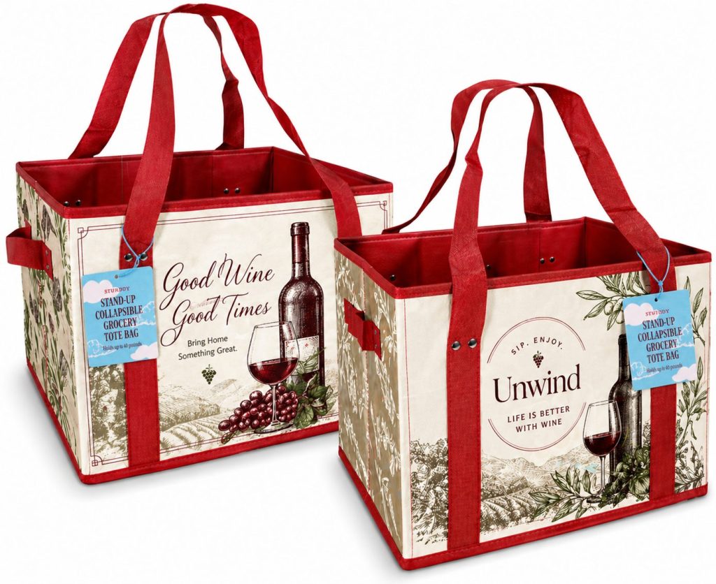Stand-Up Collapsible Grocery Tote — custom printed wine-themed design samples showing front and side panels with reinforced box construction and red carry handles